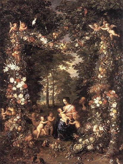 Jan Brueghel The Elder Heilige Familie in einem Blumen und Fruchtekranz